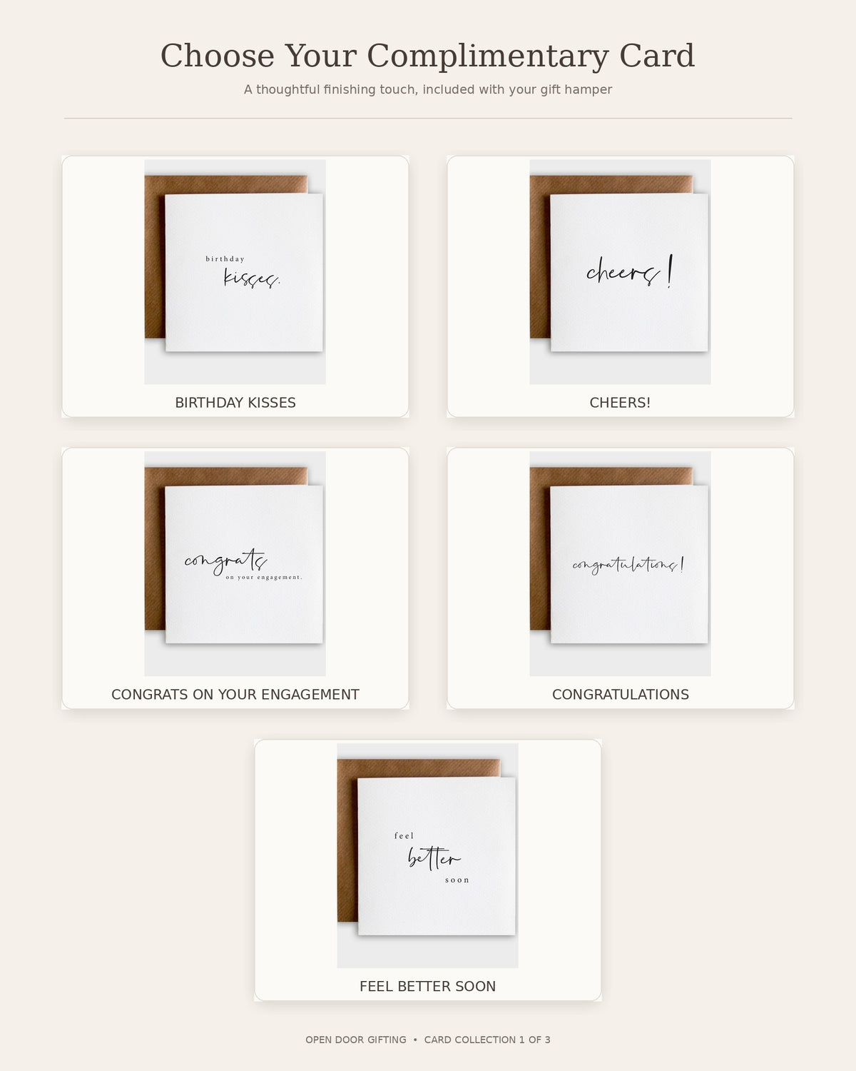 A product display graphic showing five complimentary greeting cards with brown envelopes on a light beige background. The cards feature minimalist black script text for occasions like 'Birthday Kisses', 'Cheers!', 'Congrats on your Engagement', 'Congratulations', and 'Feel Better Soon'.