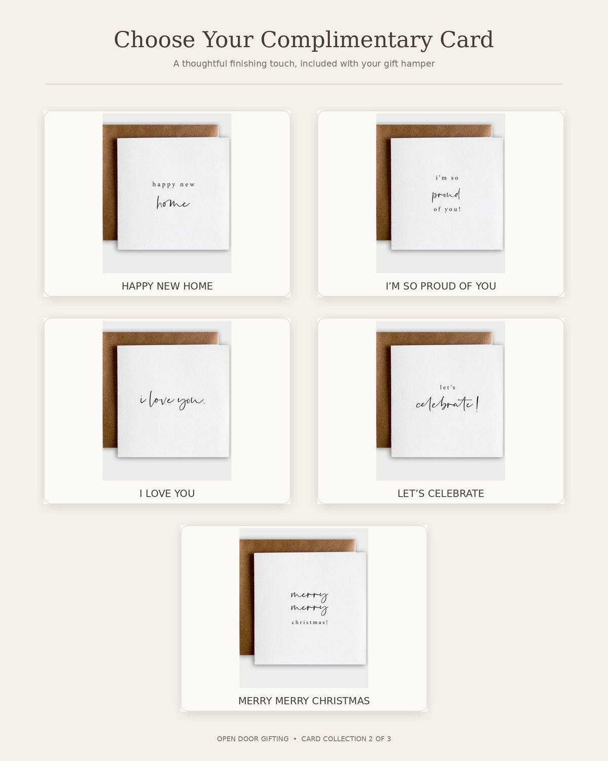 A product display graphic showing five different minimalist open door cards with brown envelopes on a light beige background. The cards include messages for 'Happy New Home', 'I'm So Proud of You', 'I Love You', 'Let's Celebrate', and 'Merry Merry Christmas'.