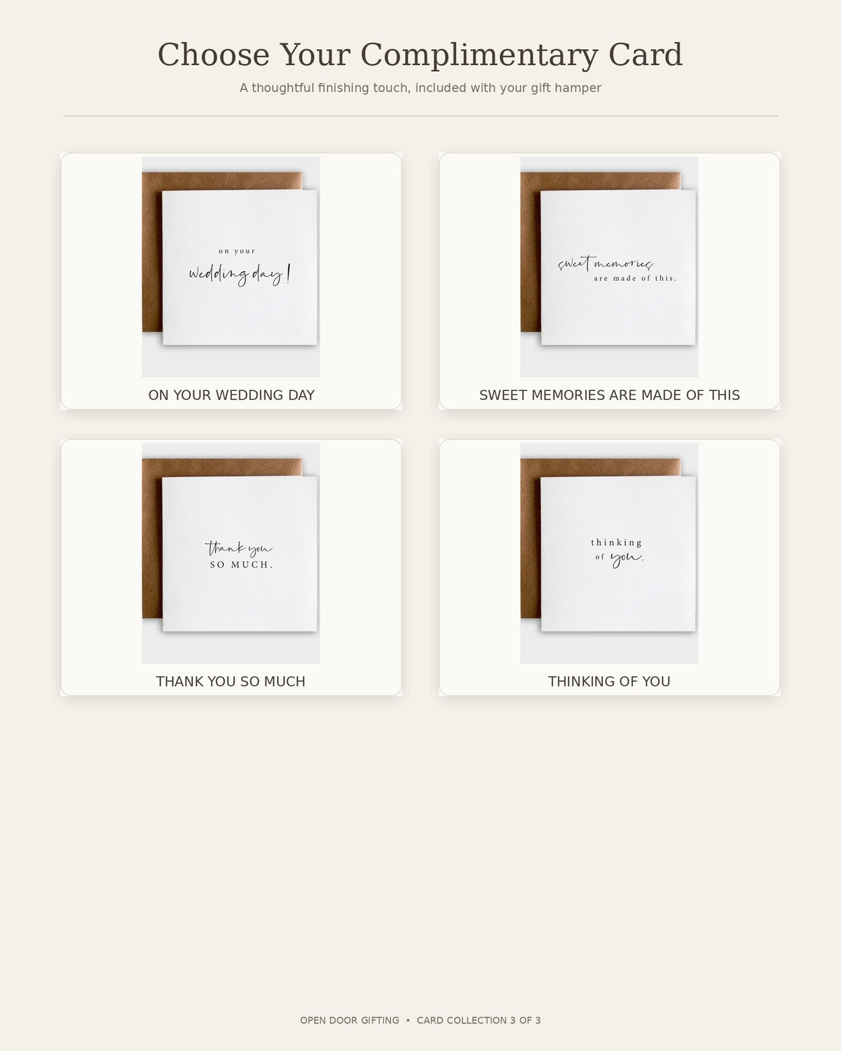 A product display graphic showing four different white wedding-themed greeting cards with brown envelopes, arranged in a 2x2 grid on a light beige background. The cards feature elegant black script text such as 'on your wedding day', 'sweet memories are made of this', 'thank you so much', and 'thinking of you'.